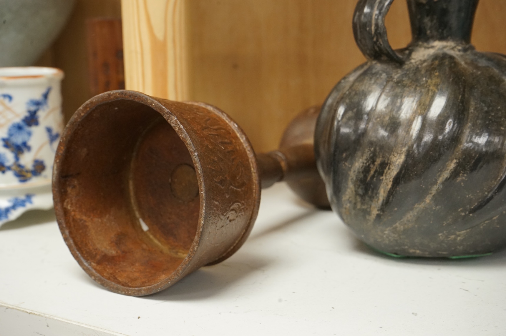 Oriental items to include a crackleglaze bowl on stand and a bamboo brush pot, together with two other vessels, largest 27cm in diameter